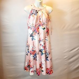 NWT Roz & Ali Bressbarn Pink Floral Print Halter-Neck Fit & Flare Dress Size 4